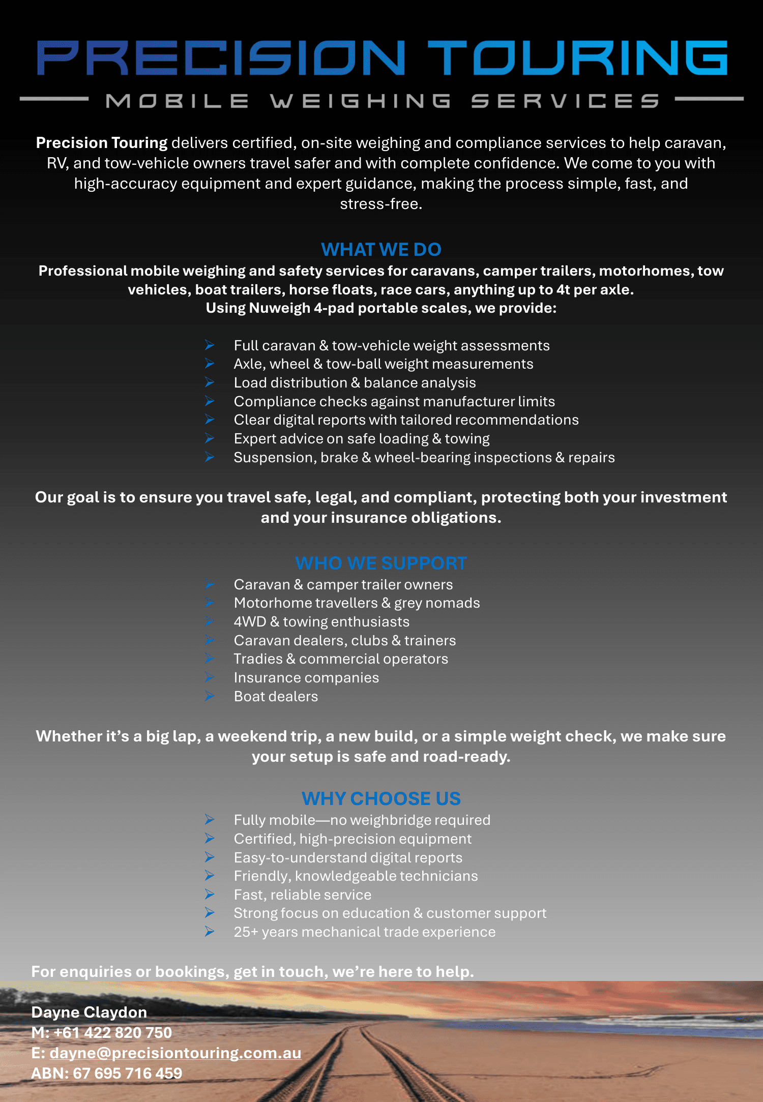 The Precision Touring brochure: what we do, who we support, and why choose us.